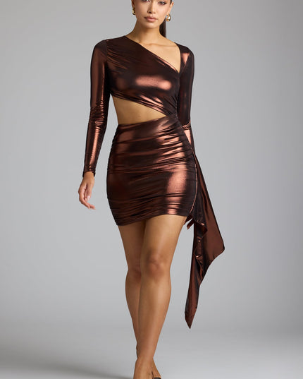 Copper Bronze Cut Out Metallic Jersey Mini Dress
