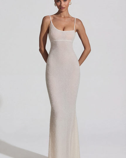 White Embellished Backless Maxi Dress