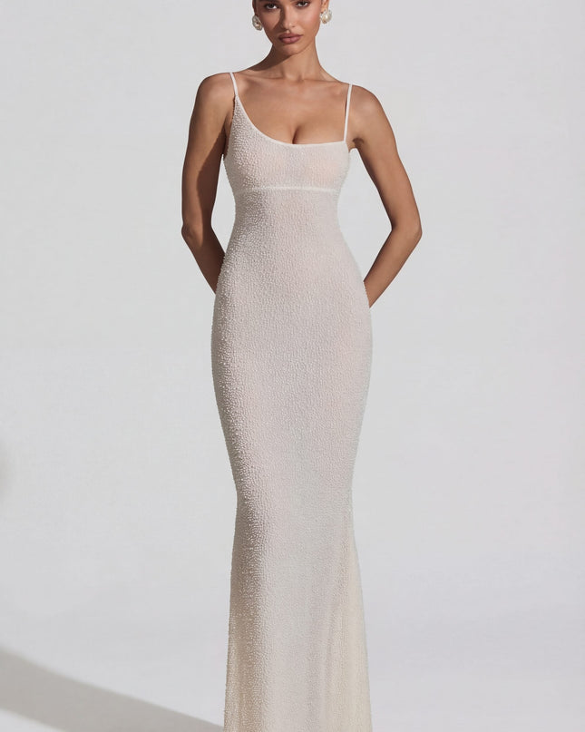 White Embellished Backless Maxi Dress