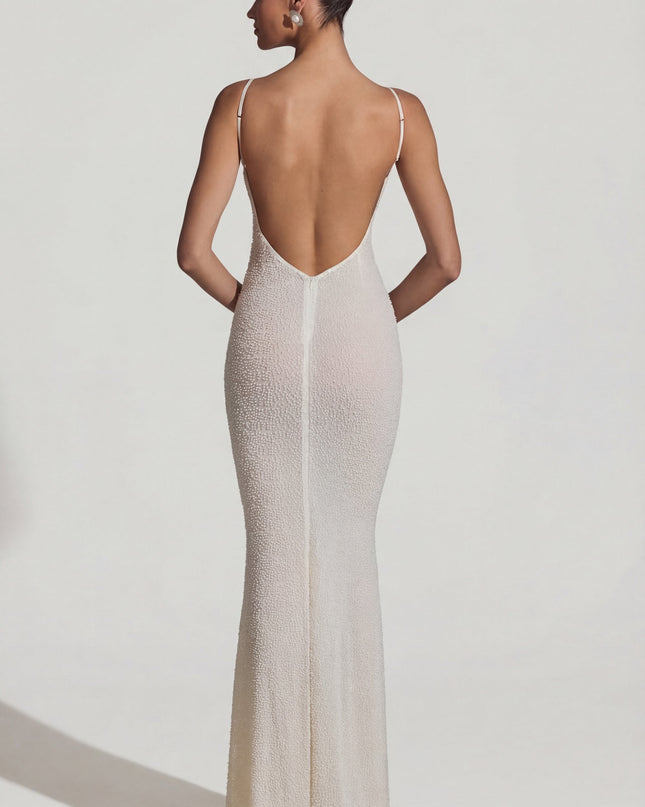 White Embellished Backless Maxi Dress