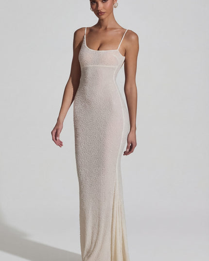 White Embellished Backless Maxi Dress