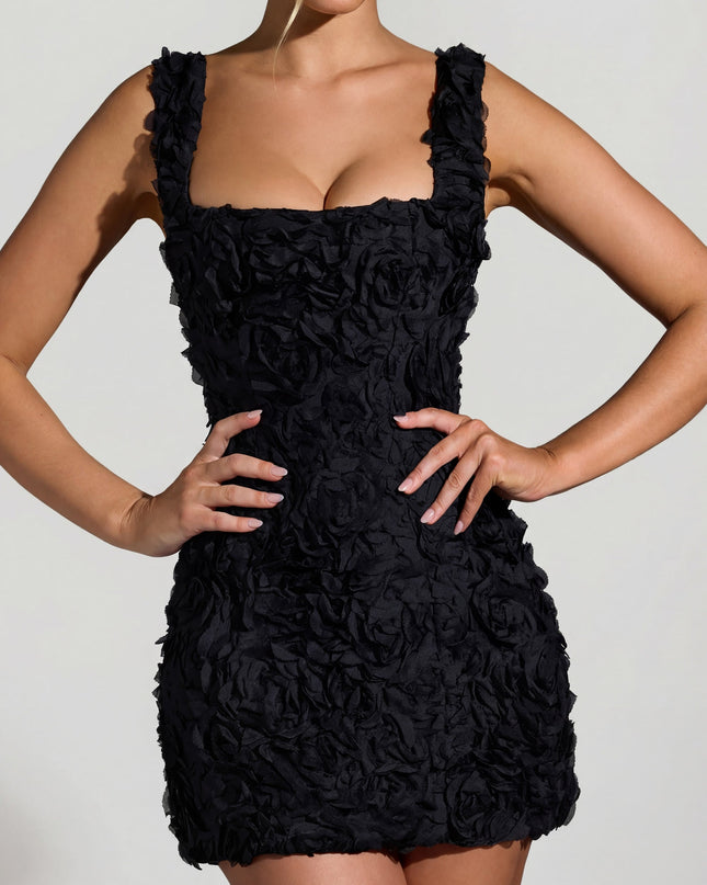 Black Floral-Appliqué Square-Neck Corset Mini Dress