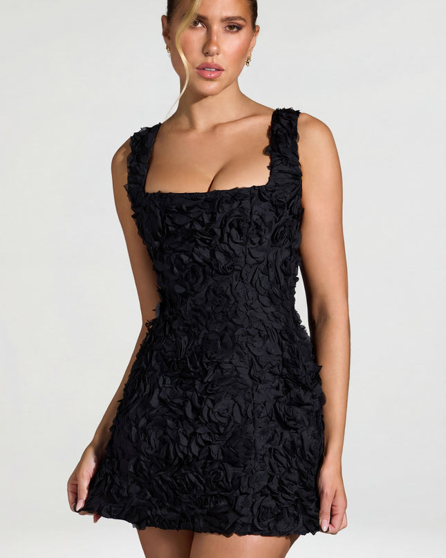 Black Floral-Appliqué Square-Neck Corset Mini Dress