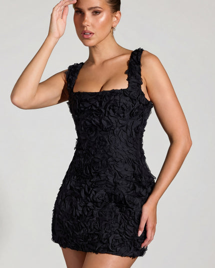 Black Floral-Appliqué Square-Neck Corset Mini Dress
