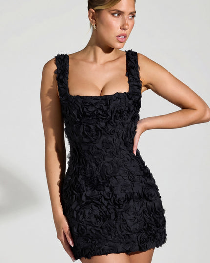 Black Floral-Appliqué Square-Neck Corset Mini Dress