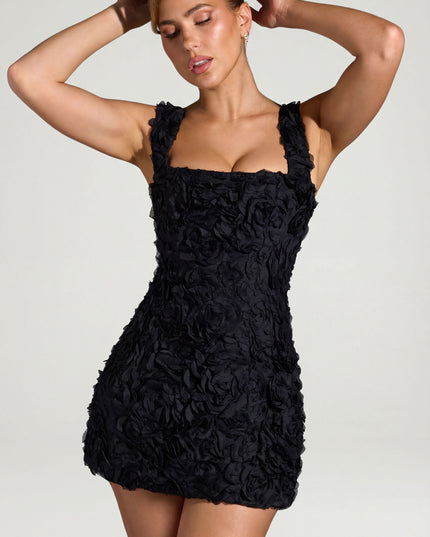 Black Floral-Appliqué Square-Neck Corset Mini Dress