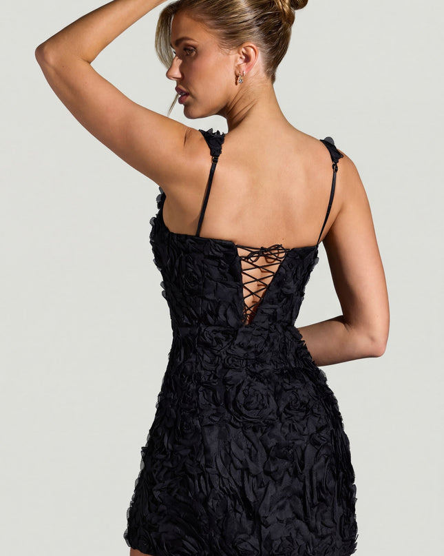 Black Floral-Appliqué Square-Neck Corset Mini Dress