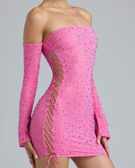 Bubblegum Pink Embellished Lace-Up Off-Shoulder Mini Dress