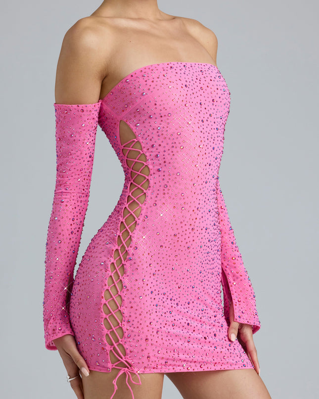 Bubblegum Pink Embellished Lace-Up Off-Shoulder Mini Dress