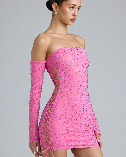 Bubblegum Pink Embellished Lace-Up Off-Shoulder Mini Dress