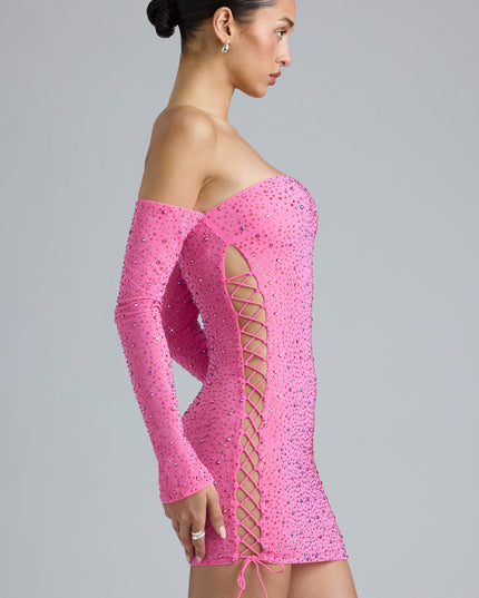Bubblegum Pink Embellished Lace-Up Off-Shoulder Mini Dress
