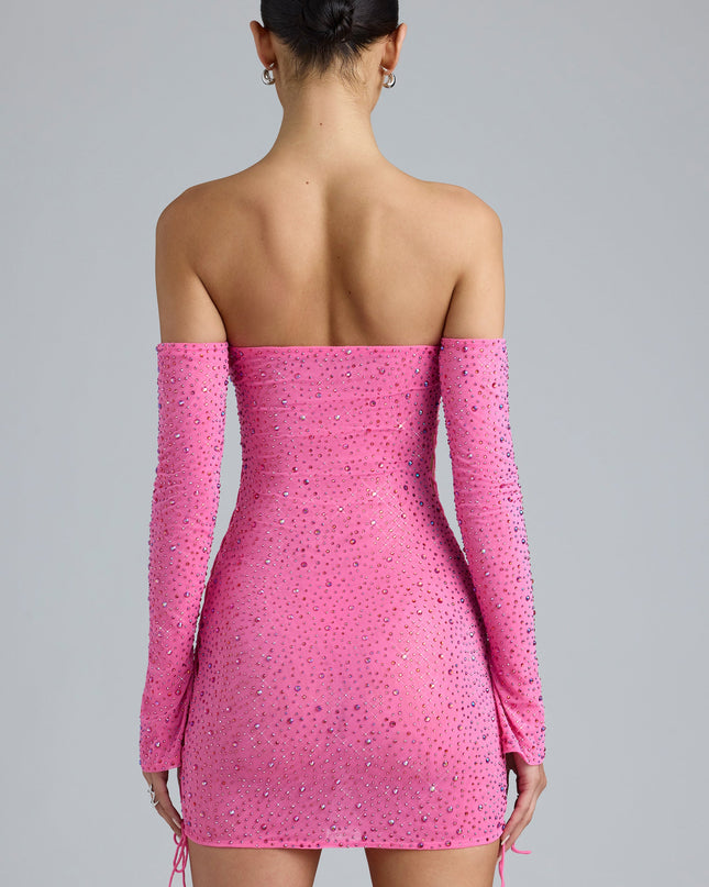 Bubblegum Pink Embellished Lace-Up Off-Shoulder Mini Dress