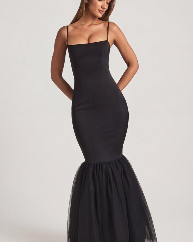Black Tulle Hem Fishtail Gown
