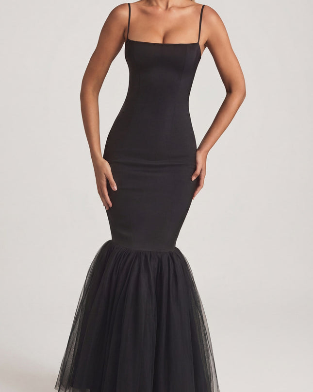 Black Tulle Hem Fishtail Gown
