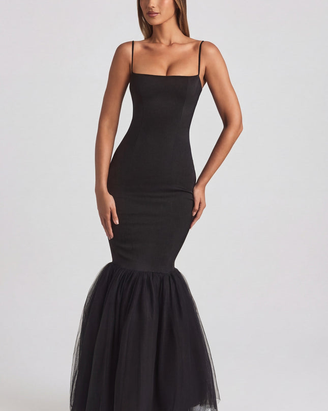 Black Tulle Hem Fishtail Gown