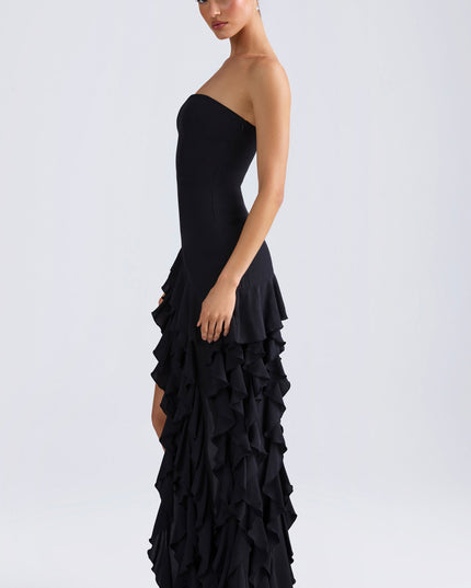 Black Ruffle-Trim Strapless Gown