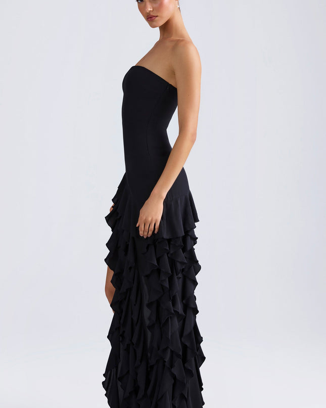 Black Ruffle-Trim Strapless Gown