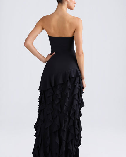 Black Ruffle-Trim Strapless Gown