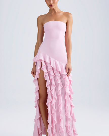 Candyfloss Pink Ruffle-Trim Strapless Gown