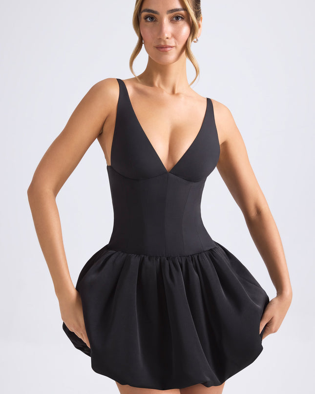 Black Lace-Up Bubble Hem Corset Micro Mini Dress