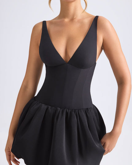 Black Lace-Up Bubble Hem Corset Micro Mini Dress