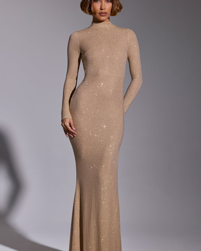 Gold Embellished Long Sleeve Evening Gown