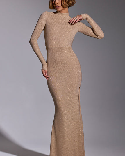 Gold Embellished Long Sleeve Evening Gown