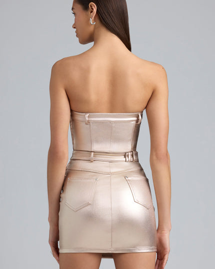 Champagne Metallic Denim Belted Strapless Mini Dress