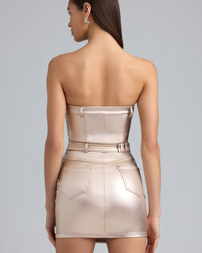Champagne Metallic Denim Belted Strapless Mini Dress
