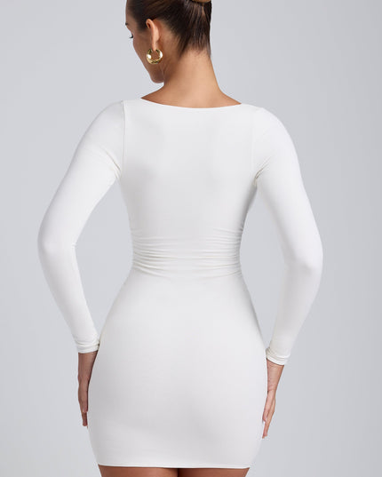 White Modal Ruched Long-Sleeve Mini Dress