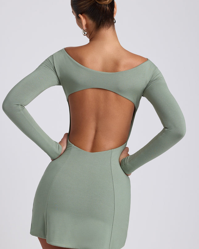 Sage Green Modal Twist-Front Long-Sleeve Mini Dress
