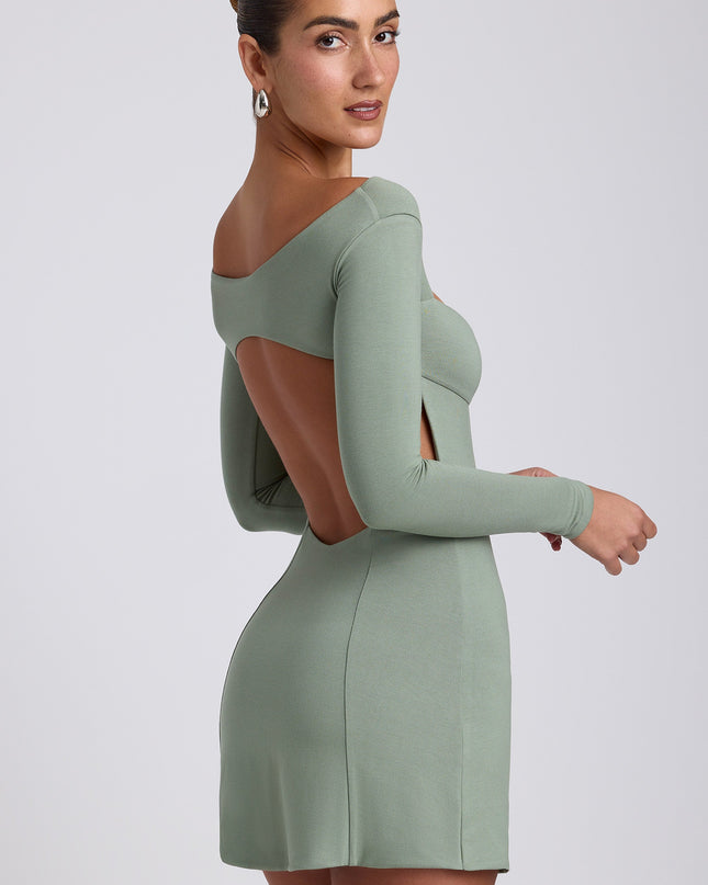 Sage Green Modal Twist-Front Long-Sleeve Mini Dress