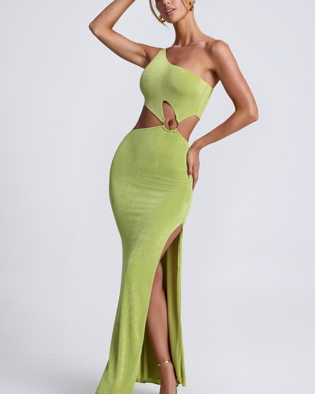 Olive Hardware Detail One-Shoulder Maxi Dress