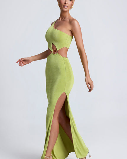 Olive Hardware Detail One-Shoulder Maxi Dress