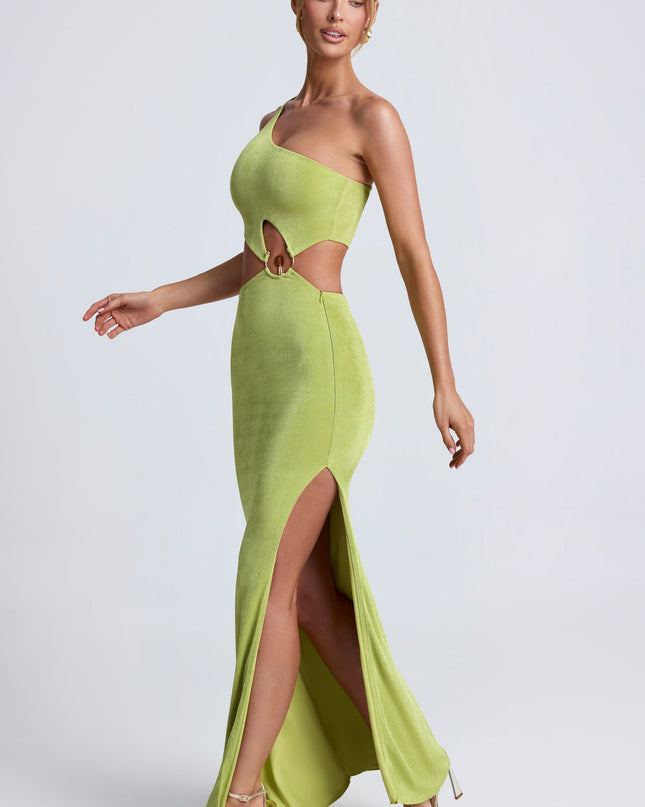 Olive Hardware Detail One-Shoulder Maxi Dress