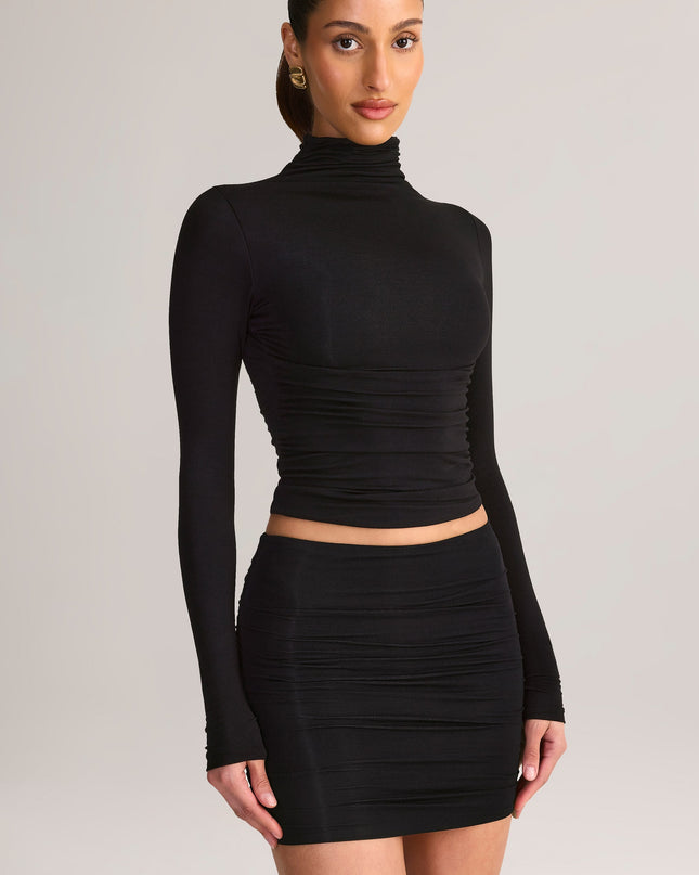 Black Modal Ruched Mid-Rise Mini Skirt