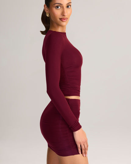 Wine Red Modal Ruched Mid-Rise Mini Skirt