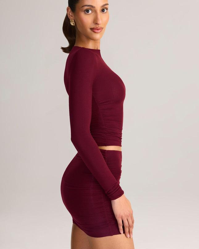 Wine Red Modal Ruched Mid-Rise Mini Skirt