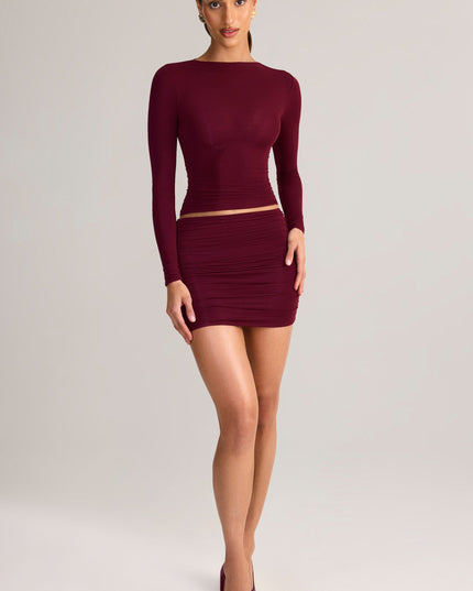 Wine Red Modal Ruched Mid-Rise Mini Skirt