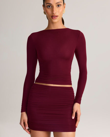 Wine Red Modal Ruched Mid-Rise Mini Skirt
