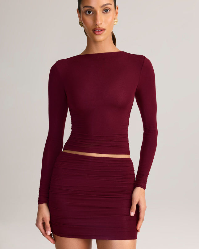 Wine Red Modal Ruched Mid-Rise Mini Skirt