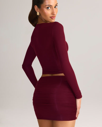 Wine Red Modal Ruched Mid-Rise Mini Skirt