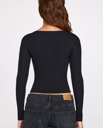 Black Ribbed Modal Ruched Long-Sleeve Top