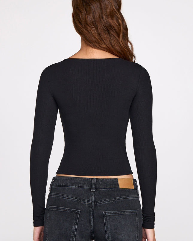 Black Ribbed Modal Ruched Long-Sleeve Top