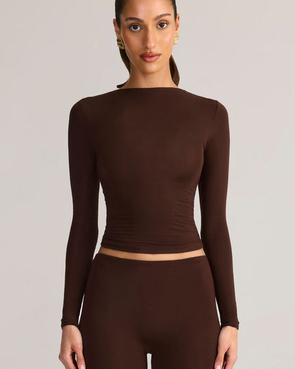 Chocolate Brown Modal Ruched Long-Sleeve Top
