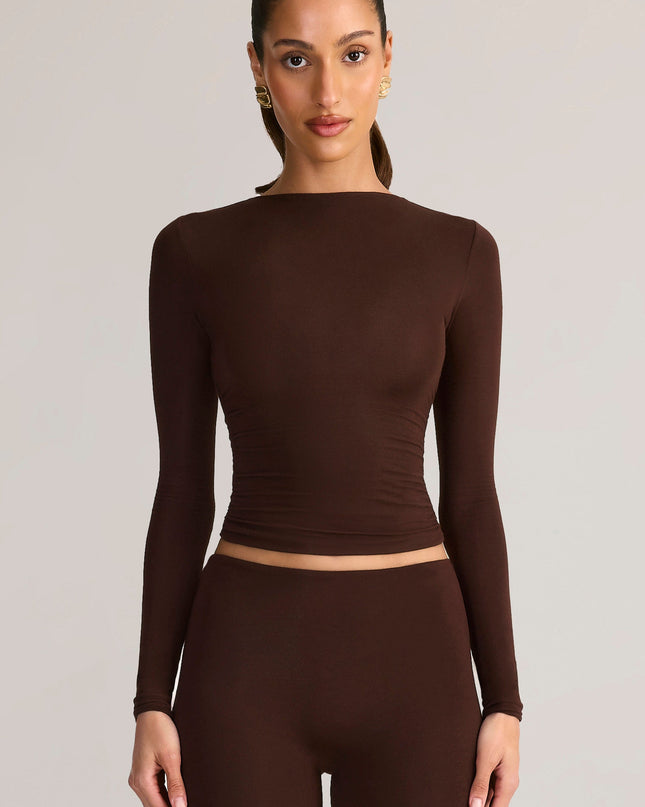 Chocolate Brown Modal Ruched Long-Sleeve Top