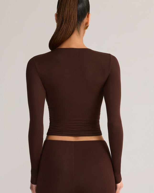 Chocolate Brown Modal Ruched Long-Sleeve Top