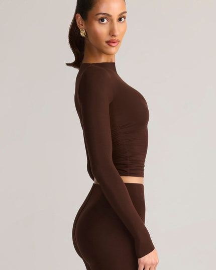 Chocolate Brown Modal Ruched Long-Sleeve Top