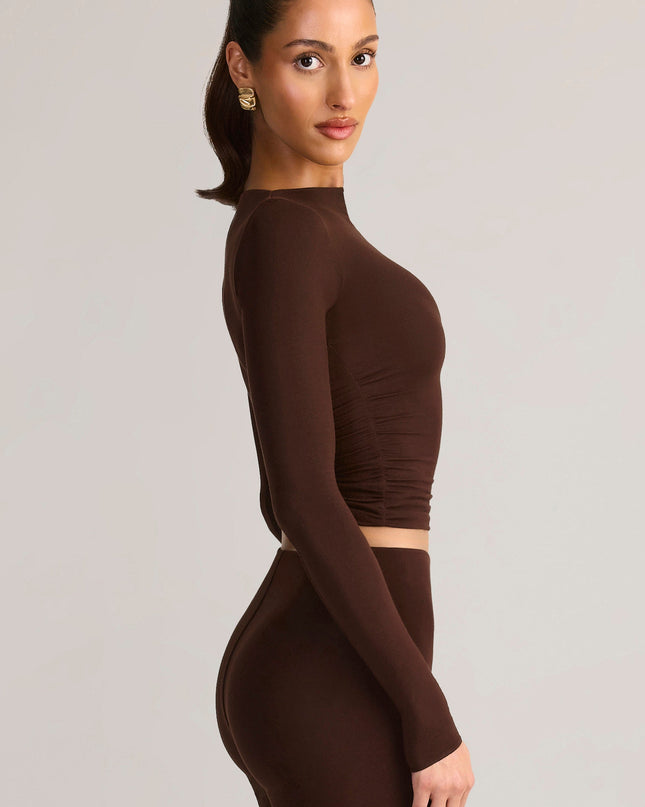 Chocolate Brown Modal Ruched Long-Sleeve Top