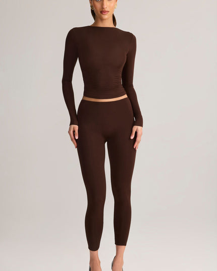 Chocolate Brown Modal Ruched Long-Sleeve Top